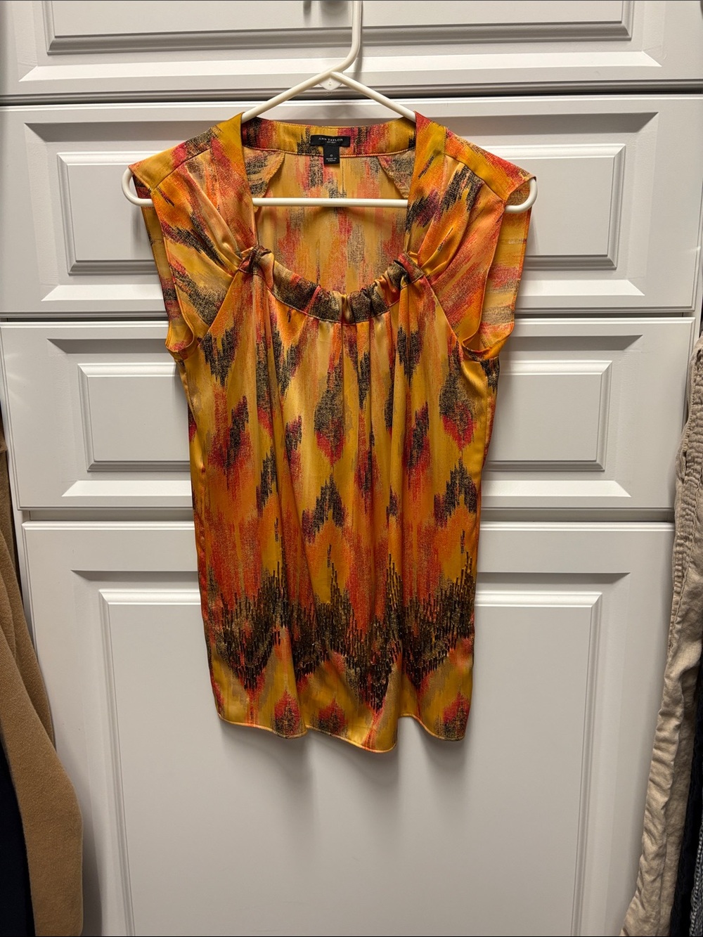 Ann Taylor Ikat-Print Cap-Sleeve Blouse in Orange and Yellow